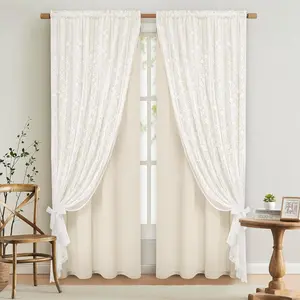 Curtains for Bedroom, Layered Boho for Living Room Farmhouse 84 Inch Length 2 Panels Set, Rustic Curtains & Drapes Rod with Tiebacks, 52 x 84 Inch, Beige