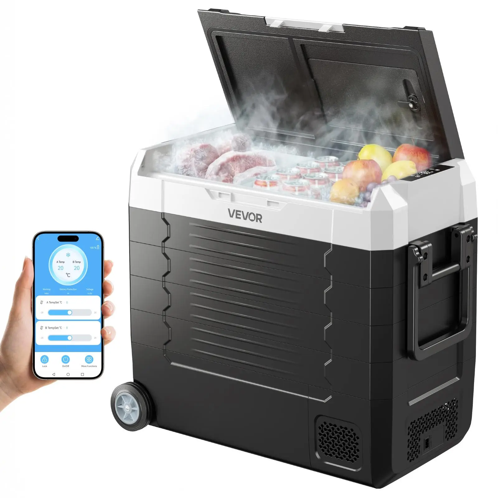 【SummerFinds】VEVOR Car Refrigerator, DC 12/24V AC100-240V Compressor Electric Cooler,  -4°F to 68°F Truck Refrigerator with APP Control, Wheels & Dual Zone, 58 QT Cars Cooler for RVs, Boats, Camping, Fishing
