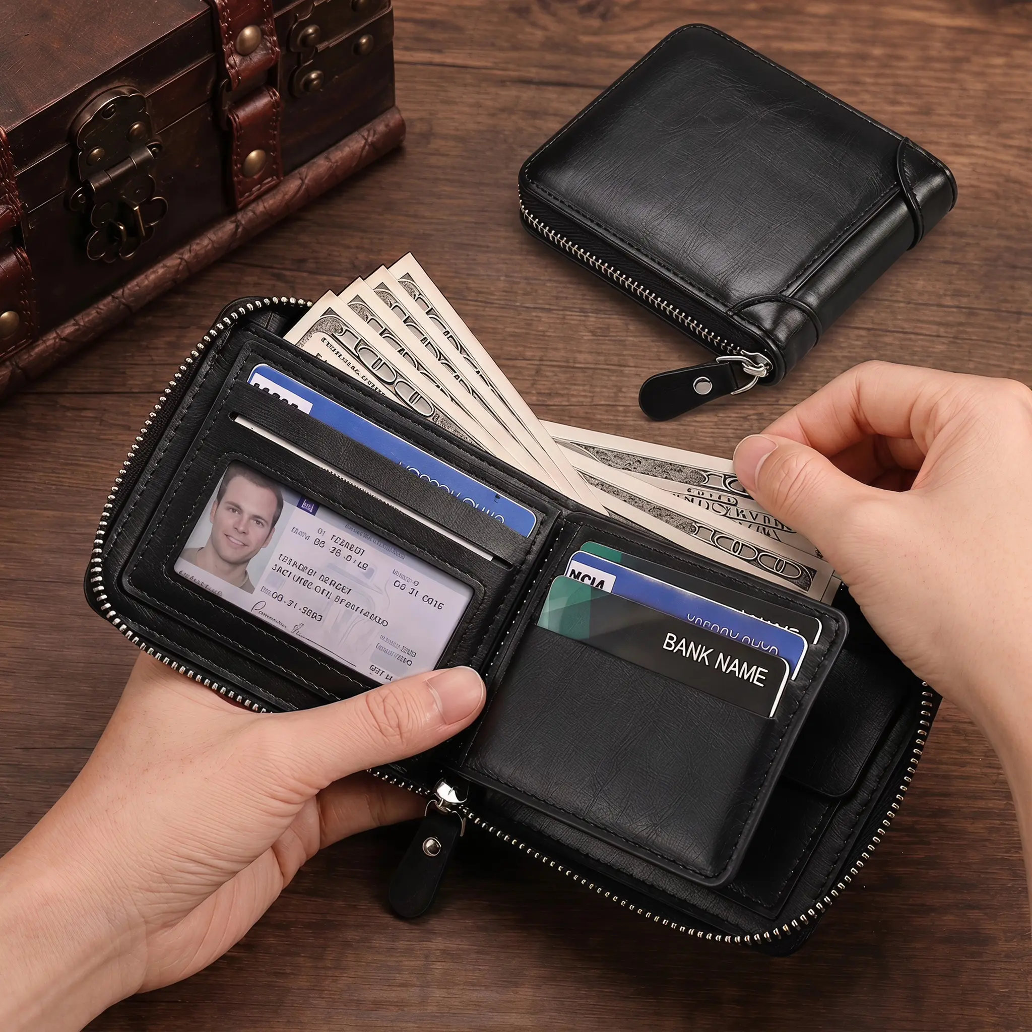 Leather RFID Blocking Bifold Wallet For Men With Zipper, 4 Credit Card Holders, 2 ID Clear Windows And Cash Slot For Daily Essentials, Big Capacity Credit Card Holder For Travel Work Daily
