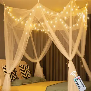 White Bed Canopy with Lights for Girls Bedroom Decor, 8 Corner Princess Canopy Bed Curtains with Warm White LED Star String Lights Remote Control, Fits Twin Full Queen King Size Bed