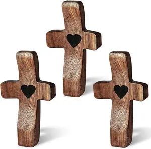 3Pcs Pocket Prayer Crosses for Stress Relief & Anxiety Comfort - Handheld Walnut Wood Christian Gifts for Women Men