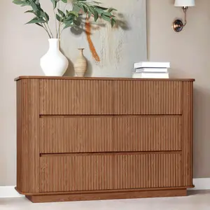 6 Drawer Dresser for Bedroom, 47.2" Wide Fluted Wood TV Stand, Mid Century Modern Deep Dresser Drawer Organizers for Closet, Curved Profile Design, Walnut large tv stand Rattan Boho 6-Drawer Dresser