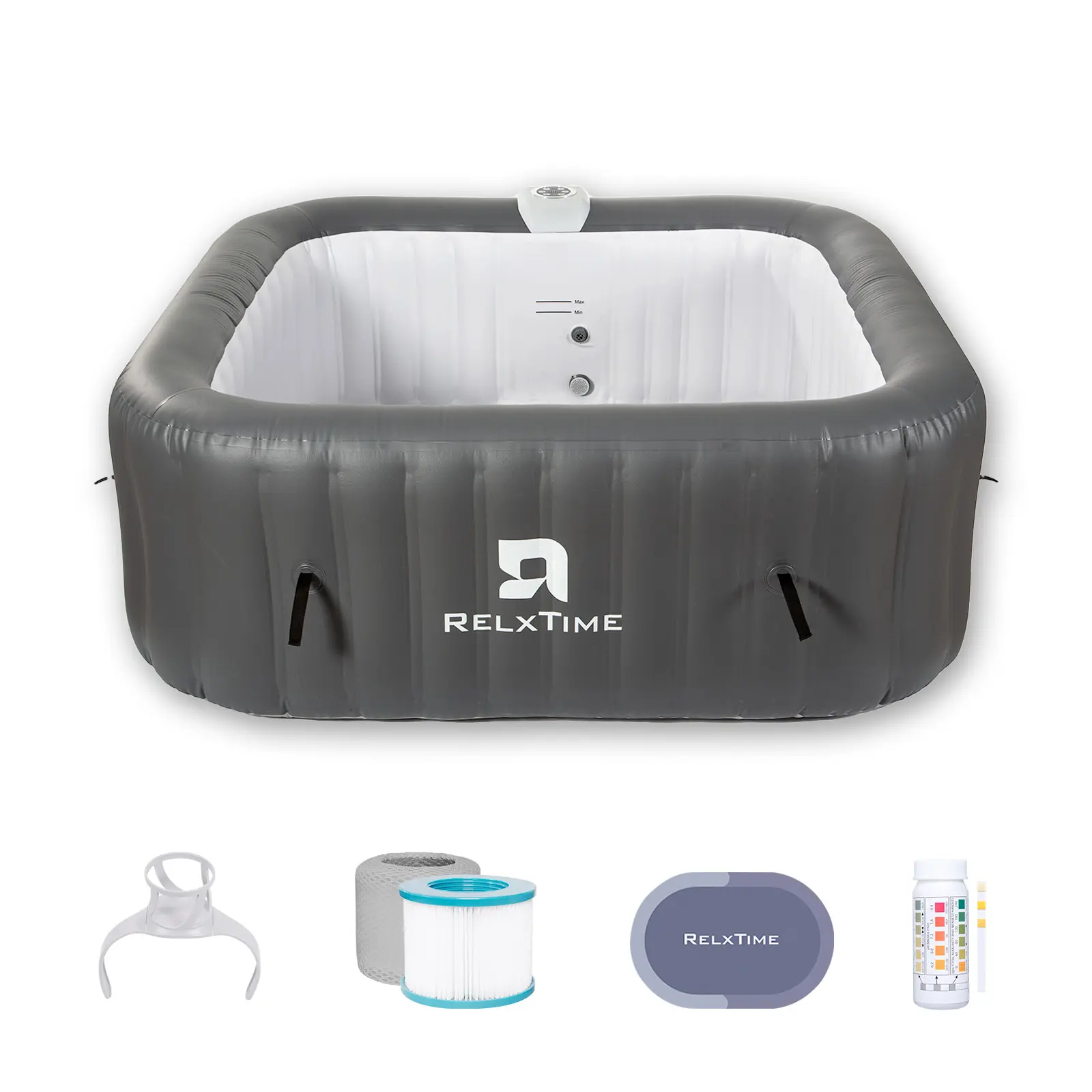 RELXTIME 73*73 inch Portable Square Inflatable Massage Pool for 4-6 People Outdoor Spa with 130 Bubbling Massage Jets, Built-in Heating Pump with Two Cartridges, Gray FathersDayGift Seat Cushions Relaxation