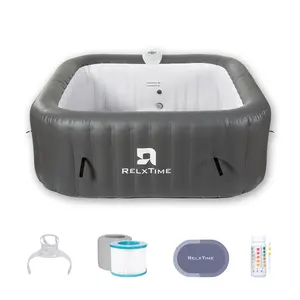 RELXTIME 73*73 inch Portable Square Inflatable Massage Pool for 4-6 People Outdoor Spa with 130 Bubbling Massage Jets, Built-in Heating Pump with Two Cartridges, Gray FathersDayGift Seat Cushions Relaxation