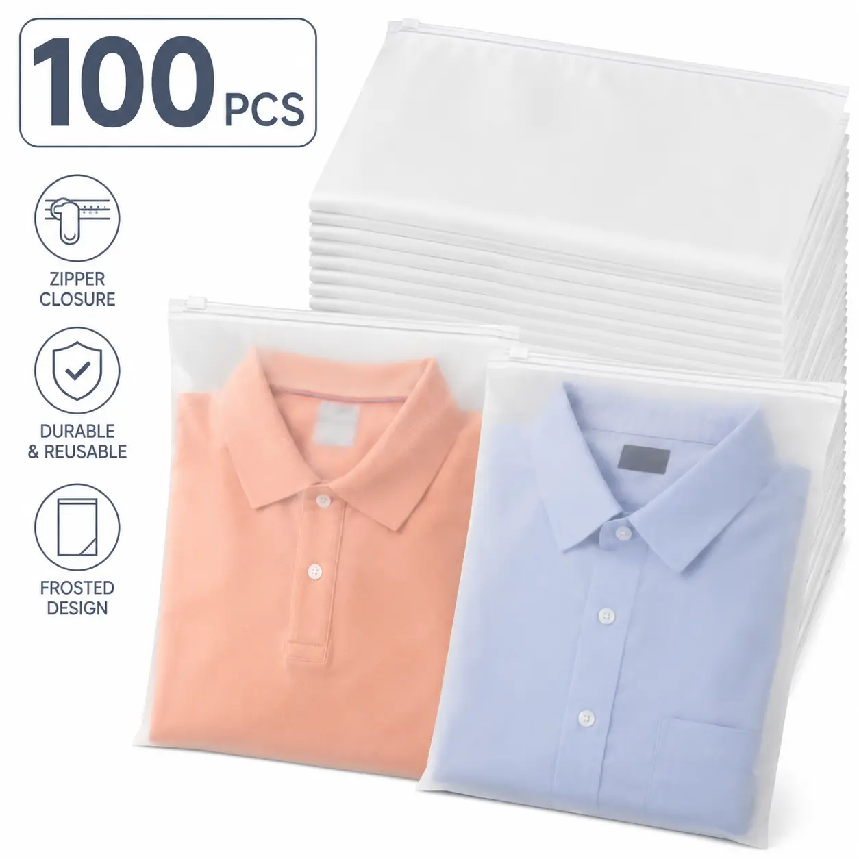 100pcs Clothing Packaging Bags for Shipping - 10x13 Inch Plastic Frosted Bags for Travel Storage or Small Businesses- Zipper Apparel Bag for Shirts, Socks, Underwear, and Documents -No Vent Holes