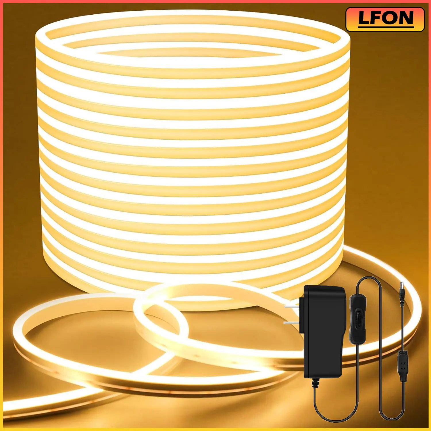 Lfon 24V Safe Low-Voltage LED Neon Light Strip - 10m Warm White, 120 LEDs/m Glow, IP65 Water-Resistant, 1-Touch On/Off Switch, LED Atmosphere Lights, Impressive Brightness, Gentle on Eyes, Ideal for Bedrooms, Bars