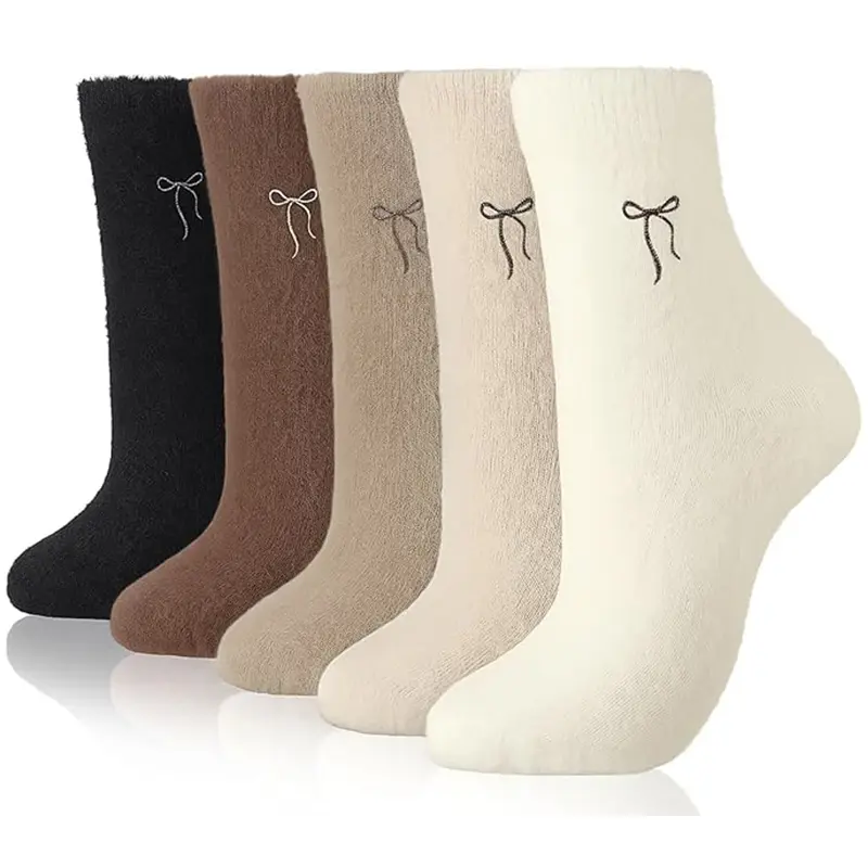 Women's 5-Pair Fluffy Plush Sleeping Slipper Socks - Soft, Comfortable, Elastic Stocking Set, Warm Fabric, Fit Gifts for Birthday (Fashion Accessory), Seamless