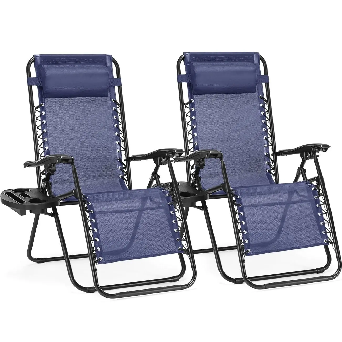 Modern Zero Gravity Patio Recliner Chair 2-Pack, Foldable Legs Folding Lounge with Adjustable Pillow, Cup Tray, Textile Mesh, Open 43.5", 2-Seat Outdoor Relaxation for Lawn, Deck, Two Seats