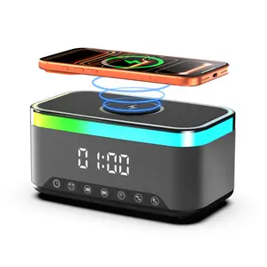 6-in-1 Magnetic Wireless Charging Station with Digital Alarm Clock, Bluetooth Speaker & Colorful Night Light, Fast 15W Qi Charger for iPhone 17/16/15, Apple Watch, AirPods