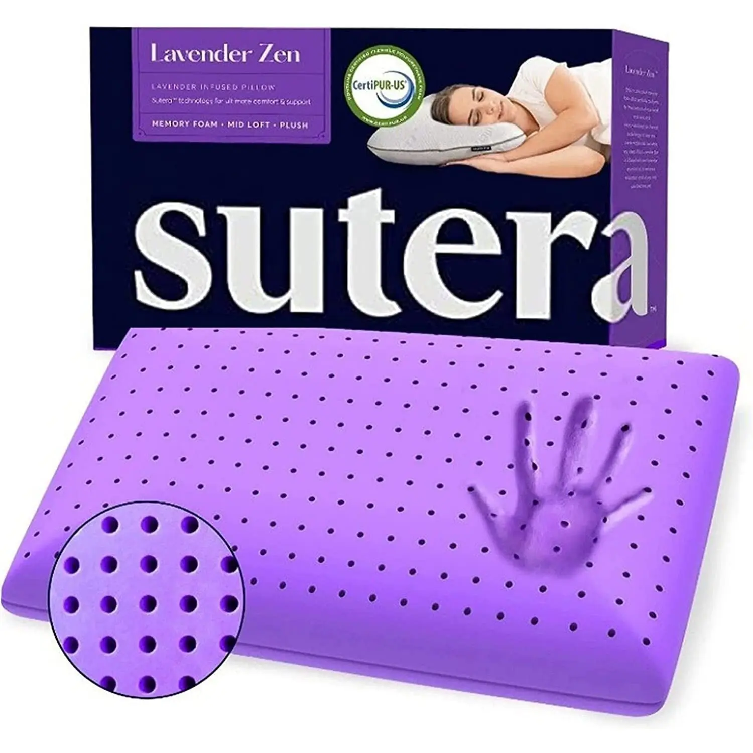 Sutera Cooling Lavender Zen Memory Foam Pillow - Cooling Sleep, Aromatherapy Infusion, Microchannels Breathable, Ergonomic Neck Support for Neck Pain Relief, Machine Washable, for Side & Back Sleepers