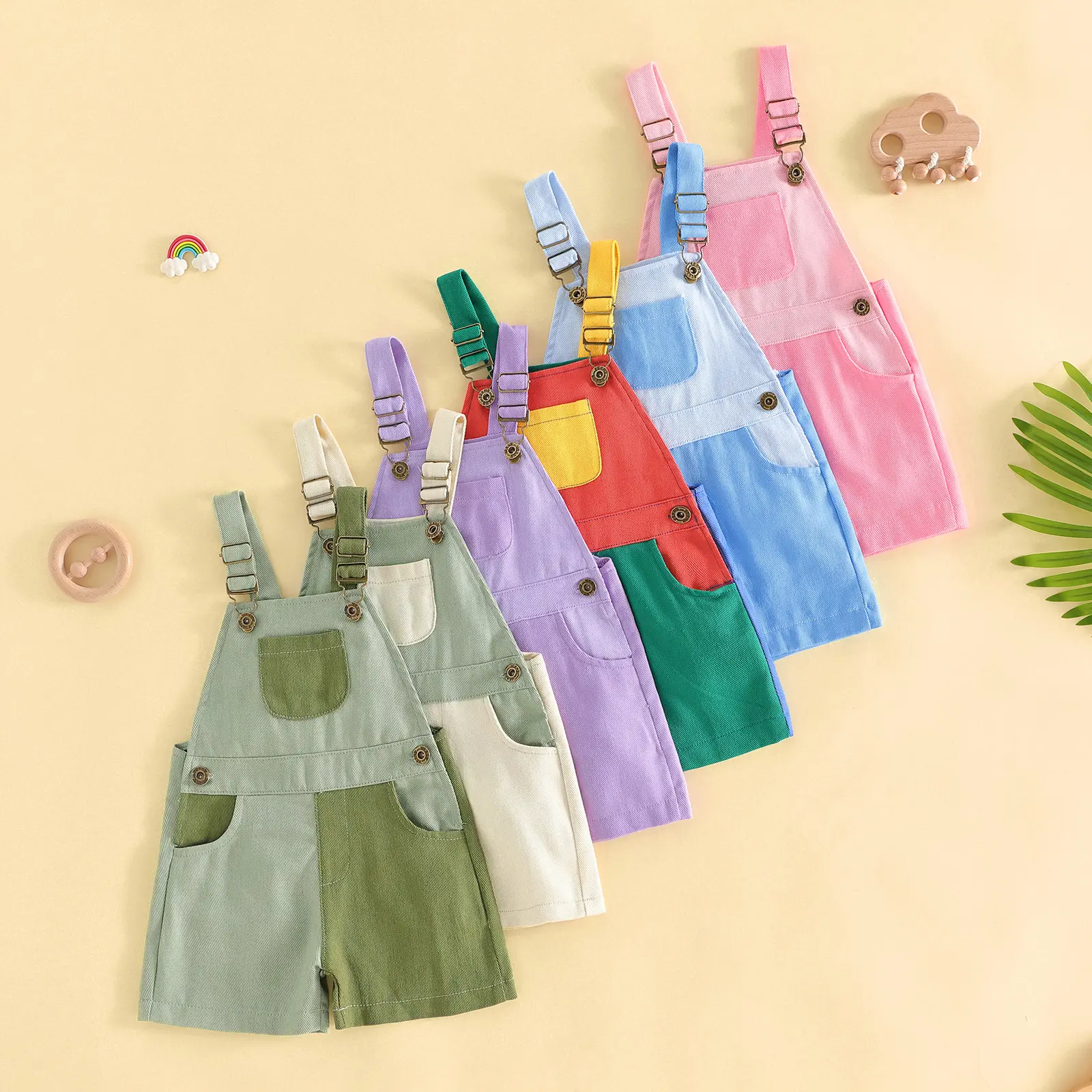 PYBCVRRD Toddler 90's Style Denim Overalls Shorts Baby Boy Girl Suspender Romper Dopamine Color Sleeveless Jumpsuit with Adjustble Shoulder Strap