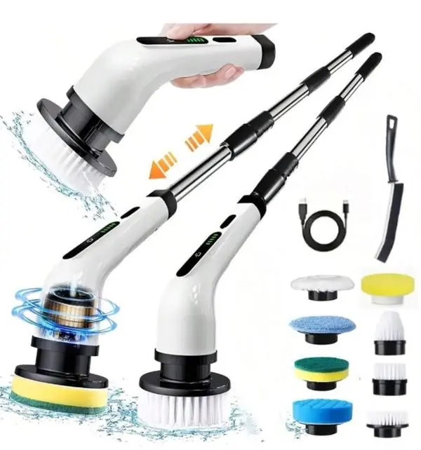 Cordless Wireless Spin Scrubber - Portable Home Cleaning Tool, Cleaning Brush, 2H Runtime, Dual Speed, Adjustable Extension Handle, IPX7 Waterproof, 9 Floor Pads for Floor, Tub, Tile (O-White)
