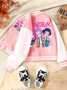 Girls Halloween Baseball Jacket, Casual Sporty School Uniform, Cartoon Print Design, Elastic Fabric, Fashionable Outerwear for Fall & Winter