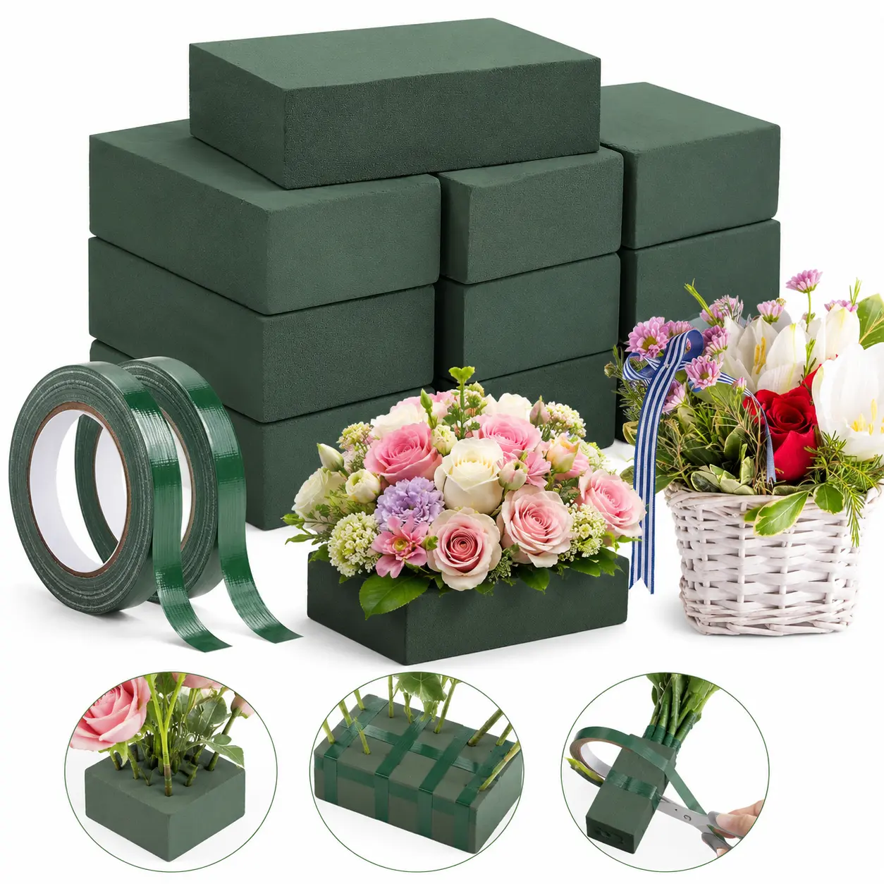 10 Pcs Small Floral Foam Blocks 5.5” x 3.1” x 1.7” with 2 Rolls Waterproof Floral Tape - 12mm x 65.62ft, for Fresh or Artificial Flower Arrangements, DIY Wedding, Home Decor, and Crafts