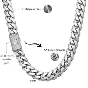 14MM Stainless Steel Silver Cuban Link Chain Necklace for Men, A-Z Initial Letter Pendant, Tarnish-Resistant Waterproof Hip Hop Fashion Costume Jewelry Gift