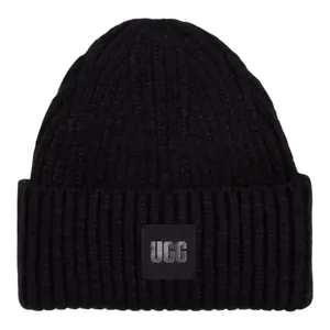UGG Chunky Rib Beanie Women's Black Beanie with Wide Cuff & Leather Logo Patch for Cozy Everyday Wear SKU 20061-BLK