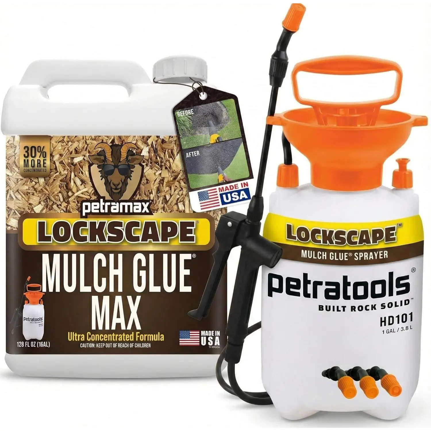 PetraMax Mulch Glue Max Starter Kit - 1 Gallon Mulch Glue Max and HD101 Pump Sprayer Bundle - Sticky Glue for Landscaping Lockdown Mulch Glue for Maximum Hold