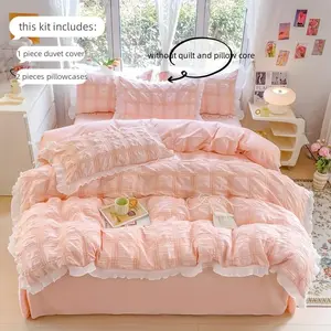 [3pcs Princess Lace] 3pcs Princess Lace Bedding Set |   Plaid Quilt Cover and Pillowcase