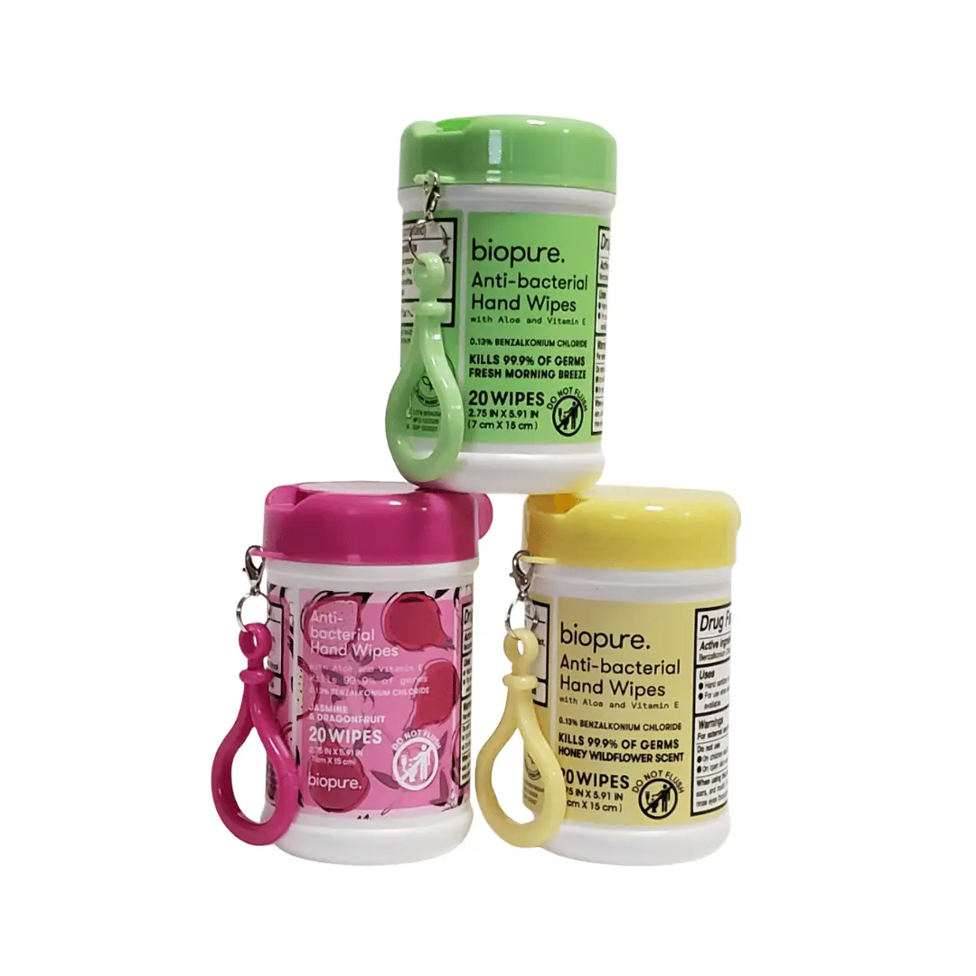 Biopure Hand Wipes Variety Pack | 3 Mini Keychain Canisters | Aloe & Vitamin E | Fresh Morning Breeze, Jasmine Dragonfruit & Honey Wildflower