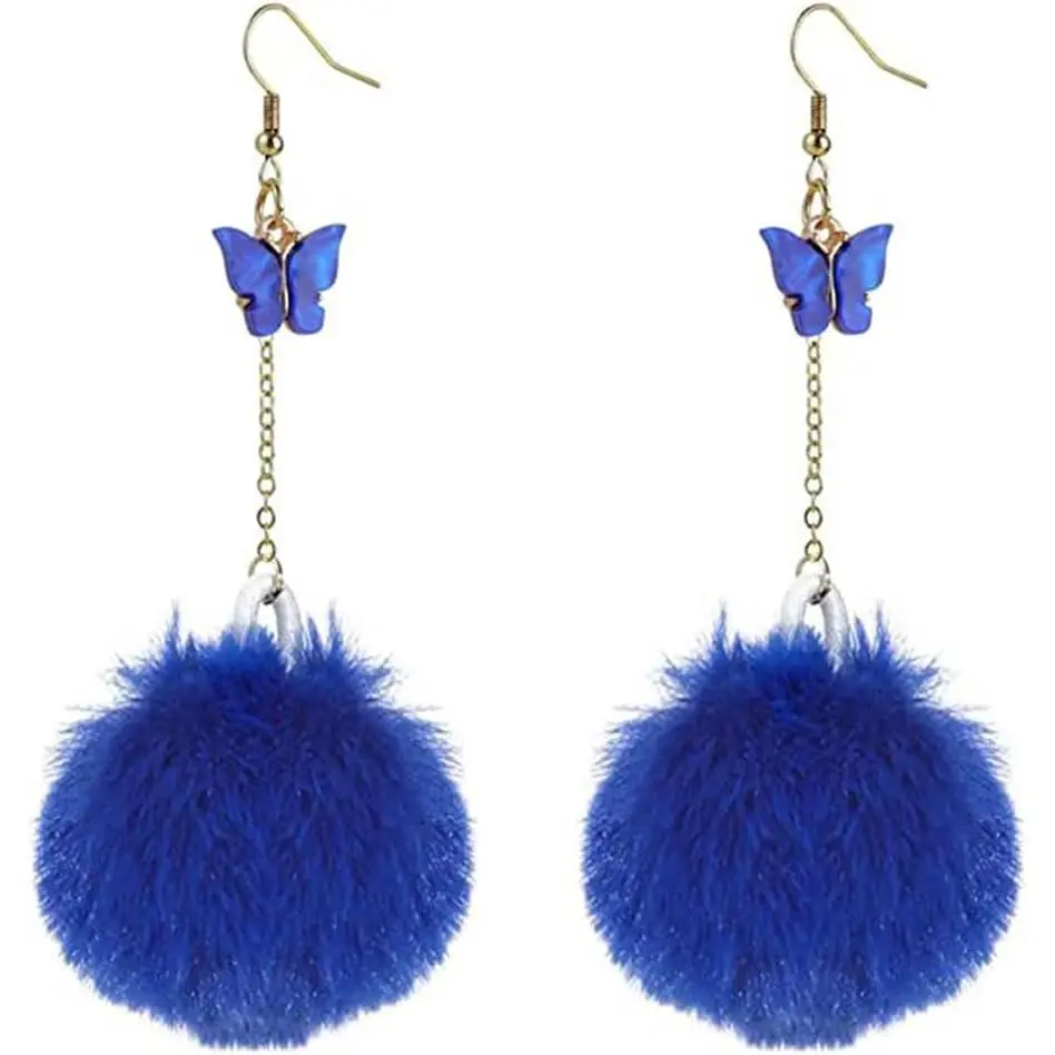 Colorful Faux Fur Fluffy Ball Earrings for Women Butterfly Pom Pom Pendant Earrings Soft Plush Pink Pom Pom Dangle Drop Earrings for women