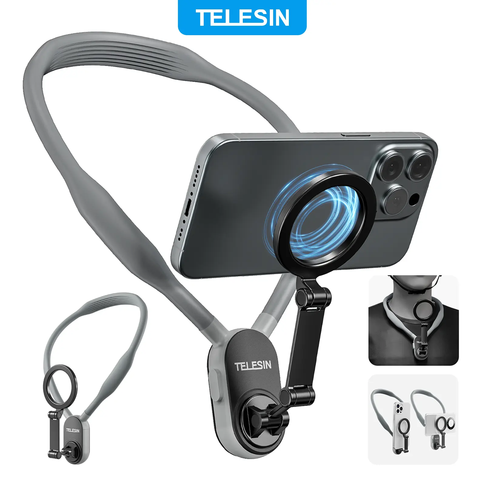 TELESIN Magnetic Neck Wireless Phone Holder Stand with Chest Strap - Hands-Free POV/Vlog Mount for iPhone 17/16/15/14/13, Android Smartphones, Cellphones, Mobile Devices, Action Cameras - Adjustable Accessories for Travel, Sports