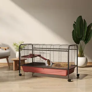48in Small Animal Cage - Multi-Level Metal Wire & Plastic Habitat with Feeder, Rolling Wheels, Platform, Ramp, Deep Pull-Out Tray for Rabbits, Ferrets; Easy Cleaning, Indoor Living Room Use