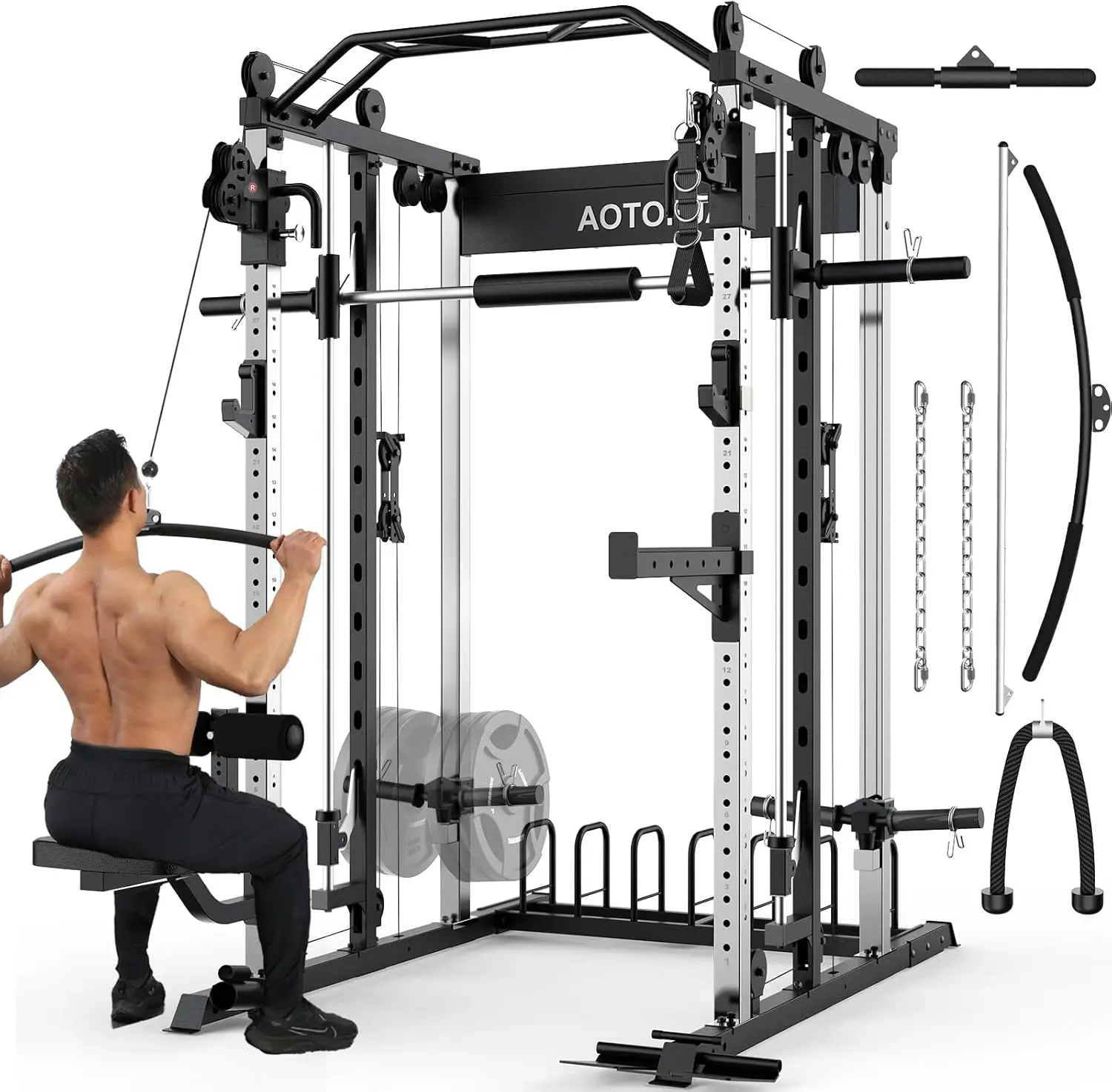 Sturdy Heavy-Duty Steel Smith Machine Power Cage - Multifunctional Home Workout Equipment with LAT Pulldown System, Cable Crossover for Full Body Training (Smith Machine Gym Station), Full Body Workout, Power Rack, Weightlifting, Home Gym Station, Complet