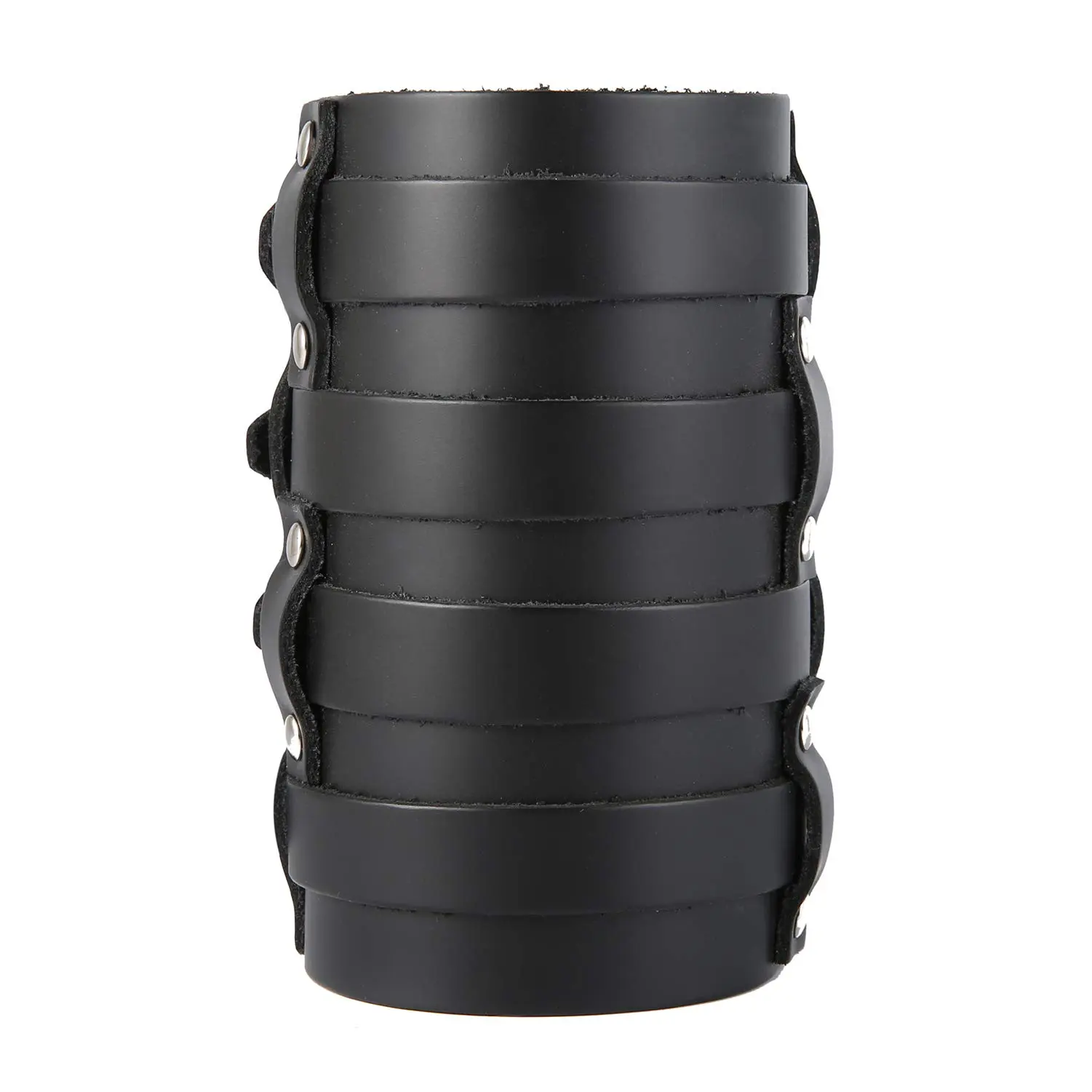 HZMAN Mens Leather Wide Triple Strap Cuff Wrap Gauntlet Wristband Buckle Fastening Arm Armor Cuff 4 Rows (Black)