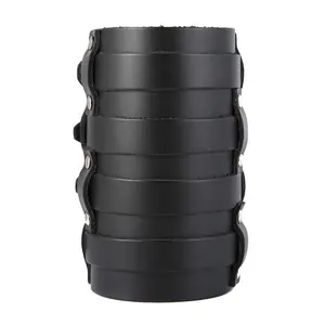 HZMAN Mens Leather Wide Triple Strap Cuff Wrap Gauntlet Wristband Buckle Fastening Arm Armor Cuff 4 Rows (Black)