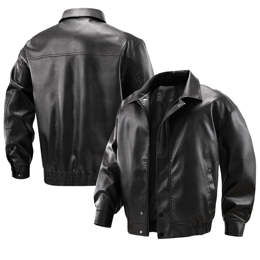 Retro collared men’s PU leather jacket—durable, scratch-resistant leather with a structured fit. Button closure for easy wear and removal, elastic cuffs at the hem provide wind protection and a snug fit. Loose fit that isn’t tight, motorcycle casual style
