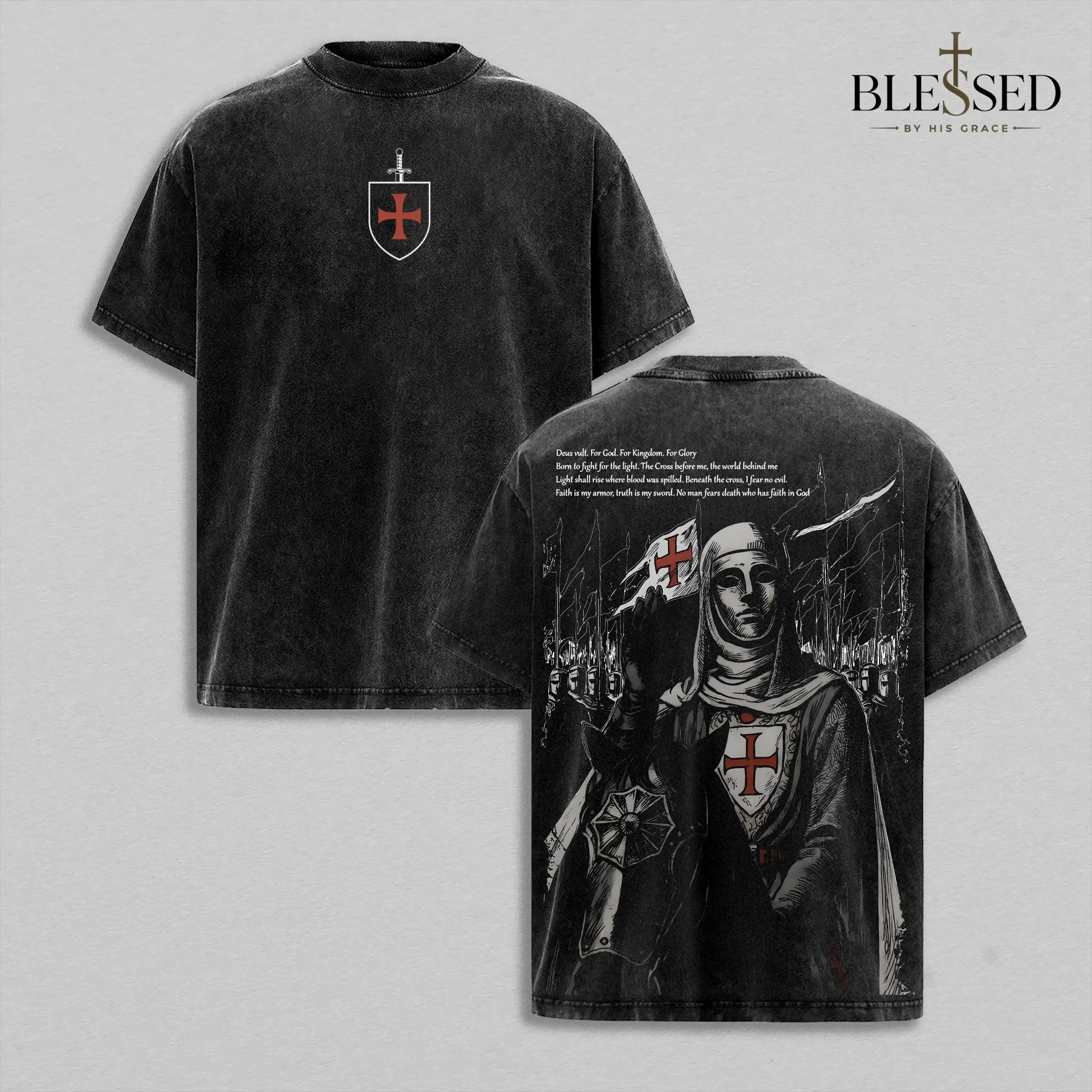 Retro Baldwin IV "The Leper King" The Crusader King and His Holy Army Vintage Washed T-Shirt Hoodie Tank Top Sweatshirt | Jerusalem Cross Medieval Christian Streetwear | Medieval Cross Armor Glory of God Outfit