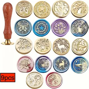 9 cartoon wax seal seal set cute seal wax seal with handle, suitable for Christmas wedding party envelope gift packaging decoration.
