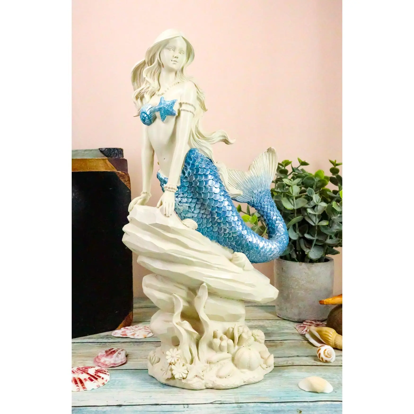 Ebros Ocean Aqua Blue Tailed Mermaid Sitting On Sea Rock Figurine 11.5"H