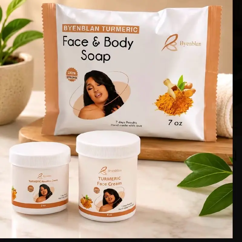 Byenblan Daily Turmeric 3-Piece Body Care Set - 4oz Cream, 2oz Face Cream, 7oz Face & Body Soap