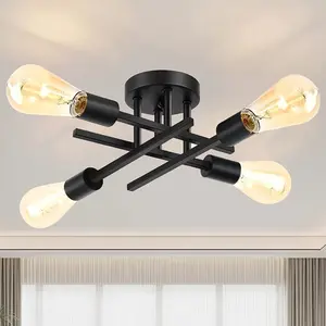 4-Light Semi Flush MountCeiling Light Fixtures, Black Mid-Century Modern IndustrialFarmhouse Metal Chandelie! ighting Fixtures for Entryway Hallway Bedroom Kitchen Dining Room (Bulbs Not Included)