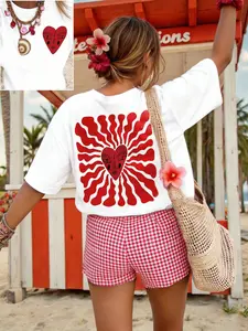 Women's Home Wear Set, Heart and Sun Print Round Neck T-Shirt + Plaid Shorts, Casual Campus Fashion, Comfortable Retro Style, Everyday