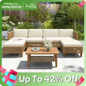 【1/2 Packages Shipping】PHI VILLA Outdoor Wicker Patio Conversation Furniture Set with Acacia Wood Coffee Table Includes Patio Table and Storage Sofa Lounge Classic Durable Rattan Style, SpringGlowUp