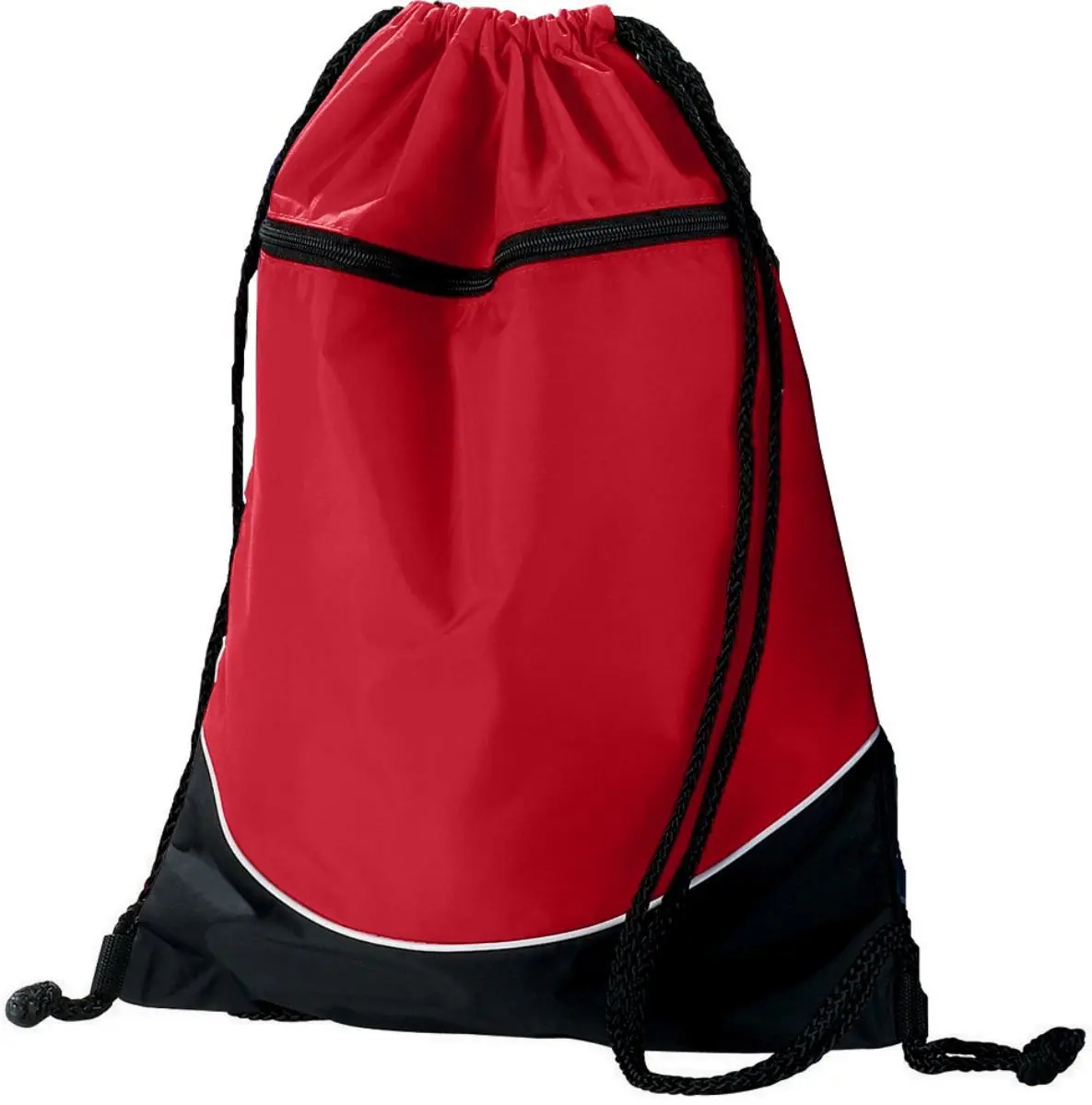 Plain Drawstring Backpack for Adults, Black/Black/White PU Coated Nylon with Front Zipper Pocket for a Back to School Haul, Black Bottom