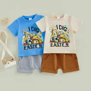 Babamoon Kids Baby Boys Easter Outfits Sets Short Sleeve Eggs Excavator Print Tops T shirt and Solid Color Shorts Summer Clothes Set 1-5 Years
