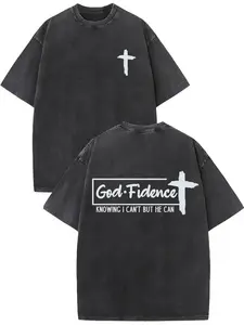 Men'S Heavyweight 230gsm Vintage Washed T-Shirt - Oversized Streetwear Tee with Inspirational "God-Fidence" Back Print & Christian Cross Design, All-Season Casual Round Neck Short  y2k,Vinta y2k,Vintage,Streetwear Christmas Thanksgiving gift,Cyber Monday