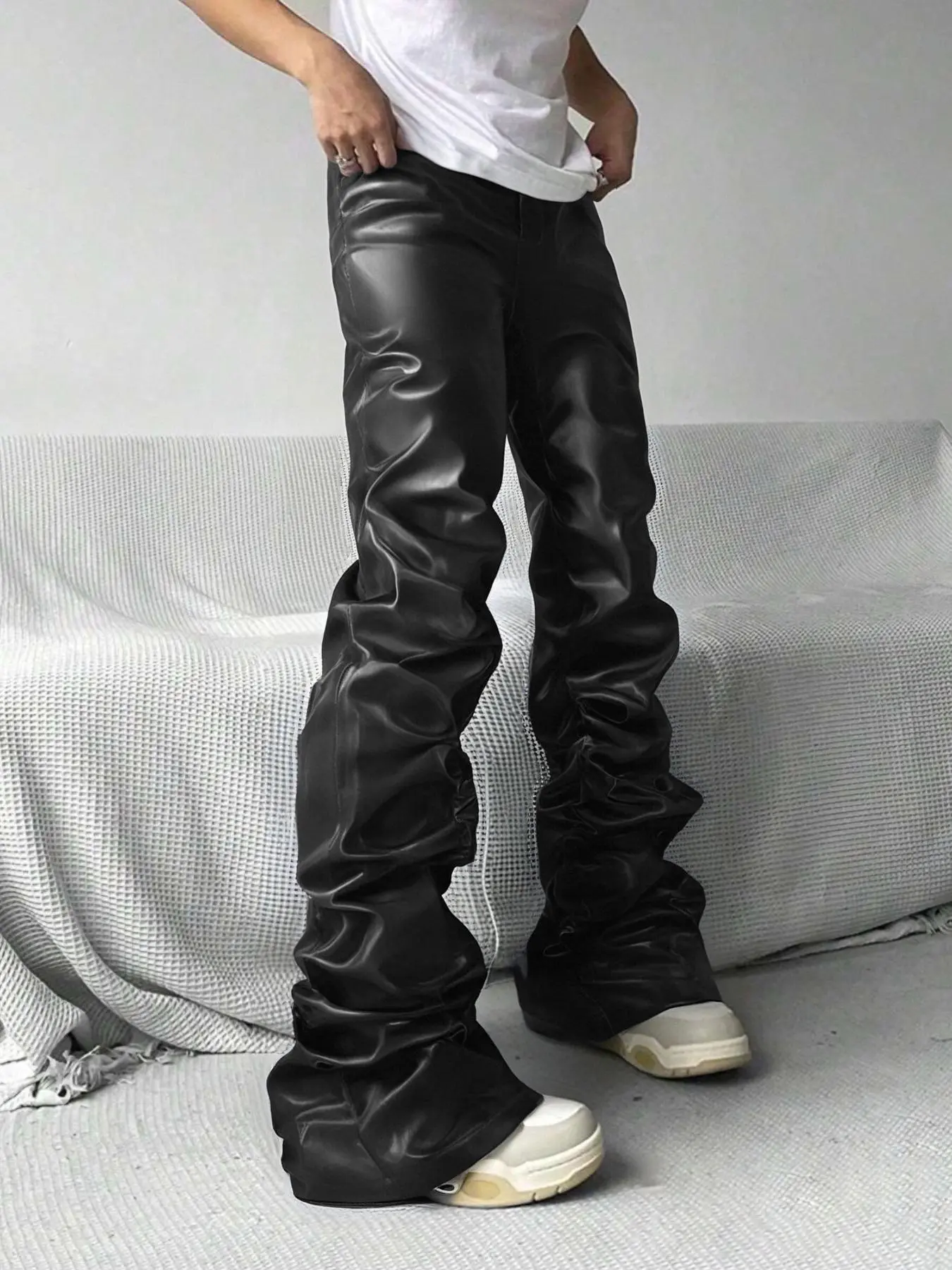 Men's Solid Color PU Leather Pants, Casual Non Stretch, Fashion Casual Comfy Regular Fit Street Style Skinny Trousers for Daily Wear, Men's Bottoms for All Seasons, Casual Fit Streetwear