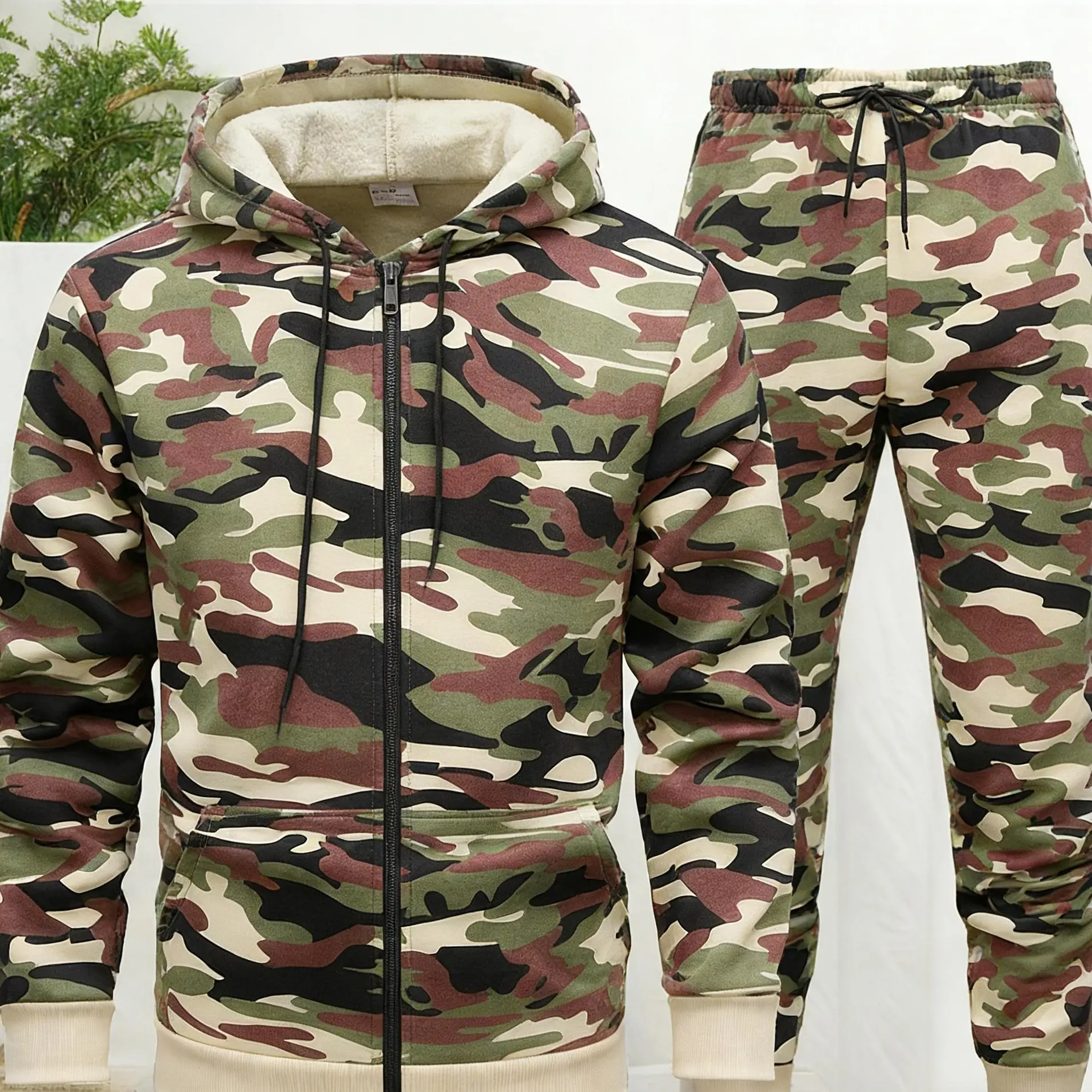 Men's 2-Piece Camouflage Tracksuit Set - Stretch Polyester Knit Hoodie, Jogger Pants, Athleisure Style Casual Activewear Clothing, Long Sleeve, Digital Print, Hooded Hoodie, Knitting