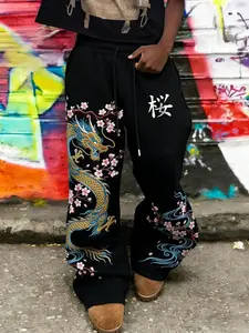 Y2K Style Dragon & Sakura Embroidered Men's Loose Sweatpants, Harajuku Style Casual Trousers For Streetwear & Daily Wear