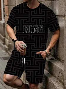 Men's casual short-sleeve set for spring and summer, featuring a trendy totem pattern and KING letter print. This stylish men's two-piece set includes a short-sleeve T-shirt and casual shorts, a slim-fit fashion two-piece for men in summer.
