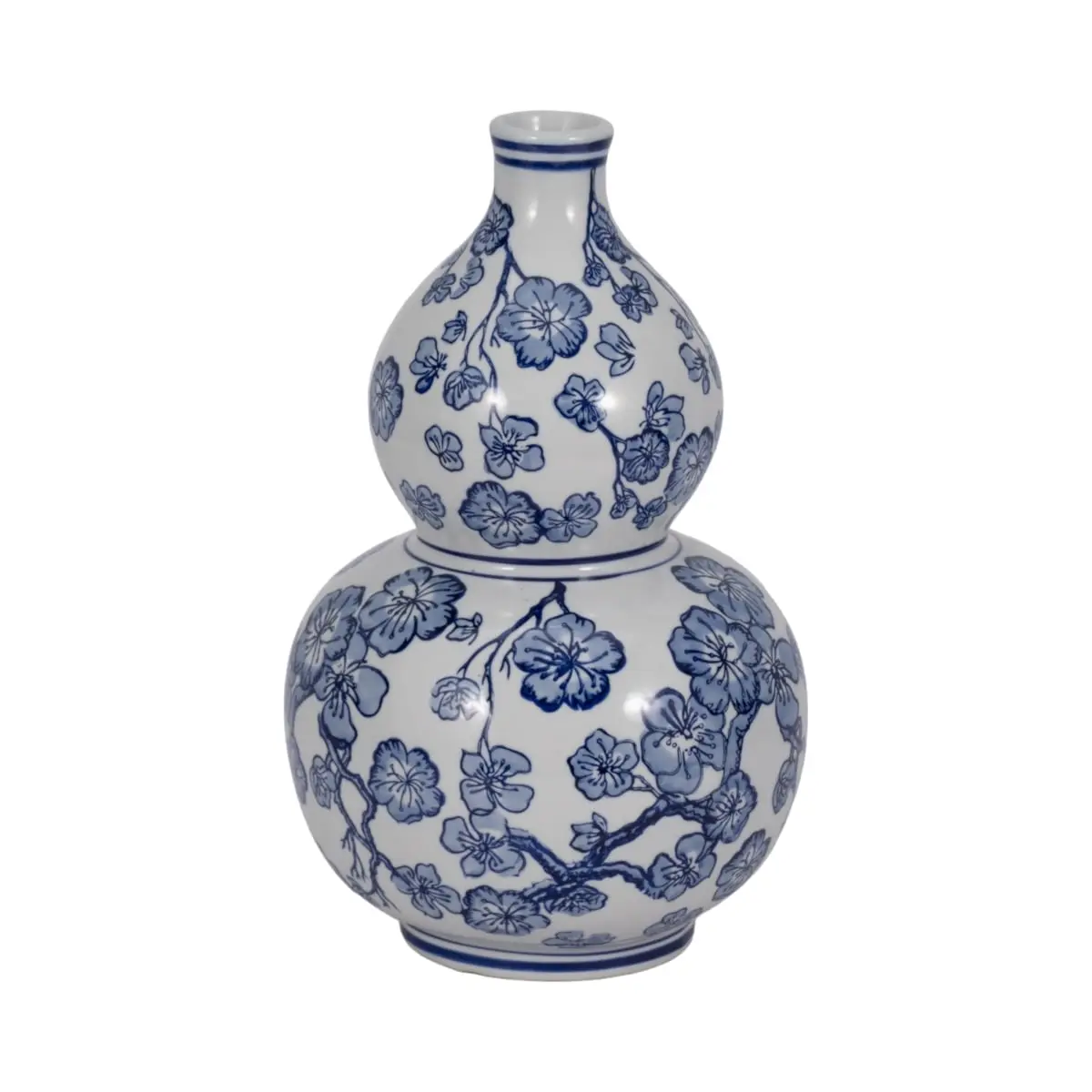 212 MAIN 13 in. Large Blue & White Ceramic Gourd-Shaped Cherry Blossom Chinoiserie Decorative Vase - Traditional Artistic Design Vases, Floral Motifs, 8 lbs Home Decor Room Accent Centerpiece