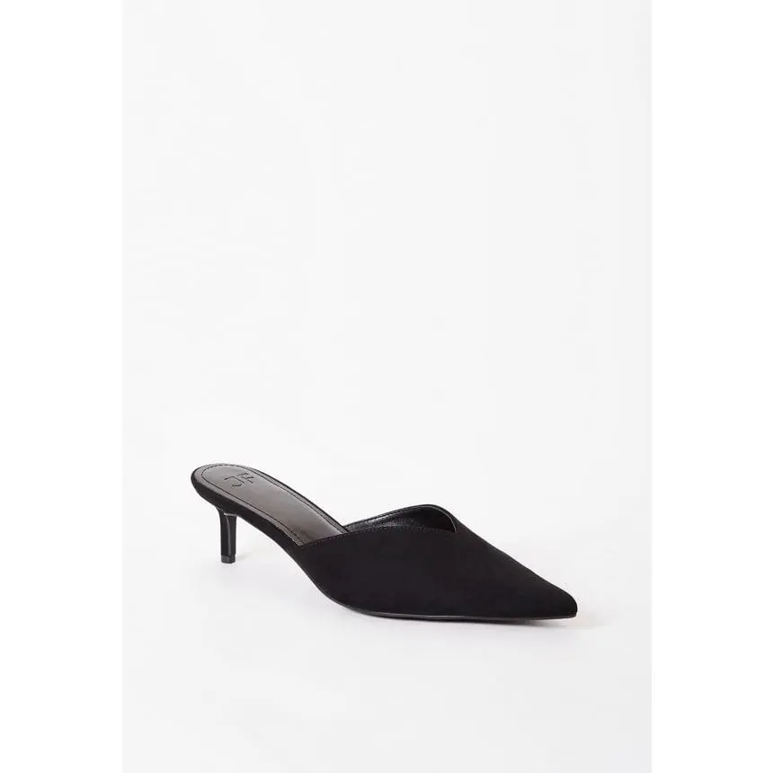 Women's Pointed Toe Mules in Black Faux Suede, Elegant Slip On Kitten Heels, Low Heel Office & Evening Footwear Design, Kitten Heels For Women, Business