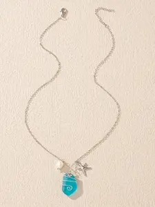 1pc Alloy & Blue Sea Glass Designed Pendant Necklace For Women, Unique Oceanic Style Accessory