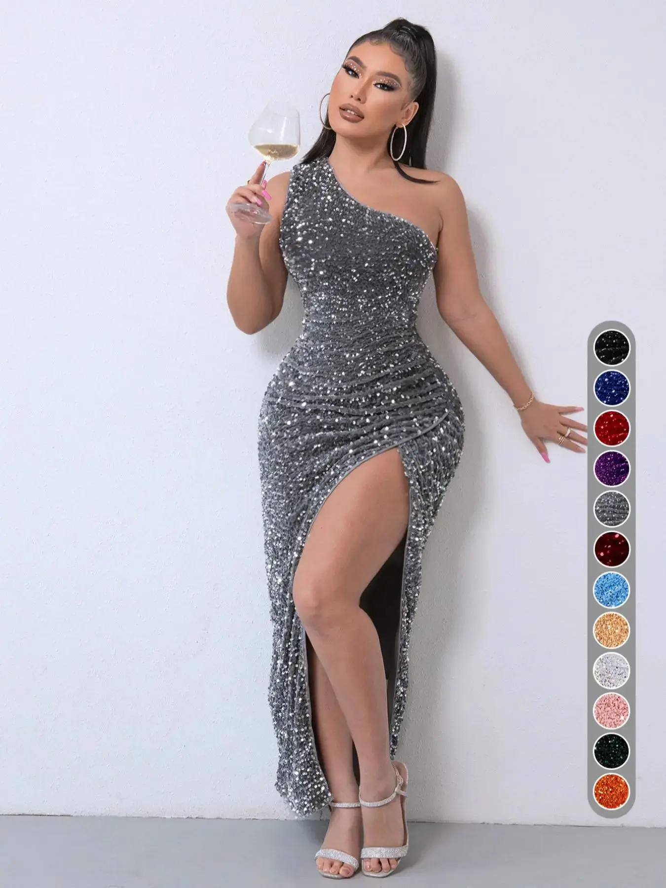 Women's Glitter Sequin One Shoulder Ruched Split Thigh Bodycon Dress, Elegant Sleeveless Embellished Summer Dress, Elegant Chic Party Sparkly Long Evening Gown, Formal Wear