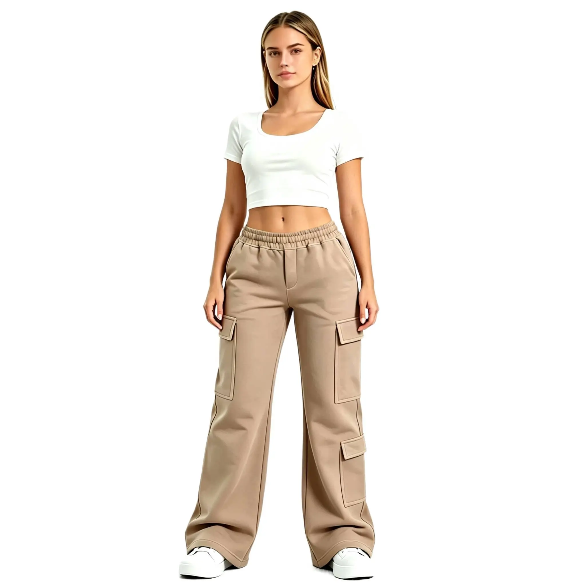 Women's Cargo Wide Leg Activewear Joggers - Elastic Adjustable Waist Running Pants with Multi Pockets, Loose Comfy for Athletes, Everyday Streetwear, Pants for Women