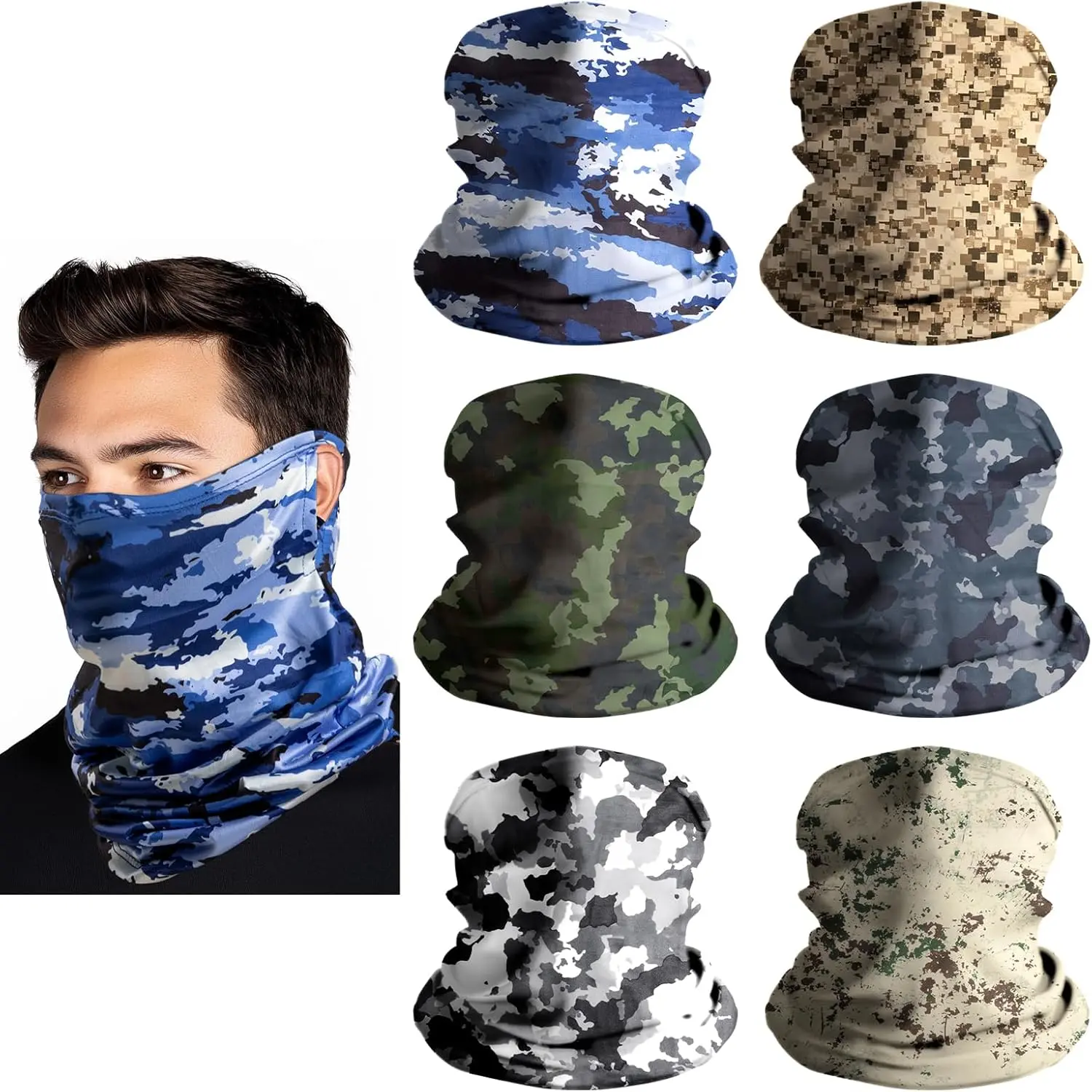 6-Pack Neck Gaiter Headwear Face Mask - Breathable Face Covering, Windproof, High Elasticity Earloop Bandana, 25x45cm Polyester, UV Protection for Men (Home Supplies Compatible), Outdoor Wear